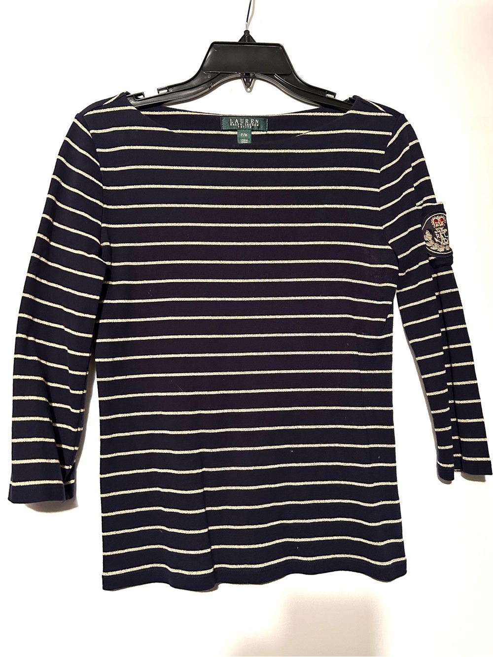 Lauren by Ralph Lauren Navy and Gold Striped Long Sleeve Boatneck Top 3/4 sleeve